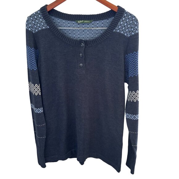 Woolrich Women's Crew Neck Henley Deep Indigo Blue Sweater Sz Large Cotton Blend - Picture 1 of 8